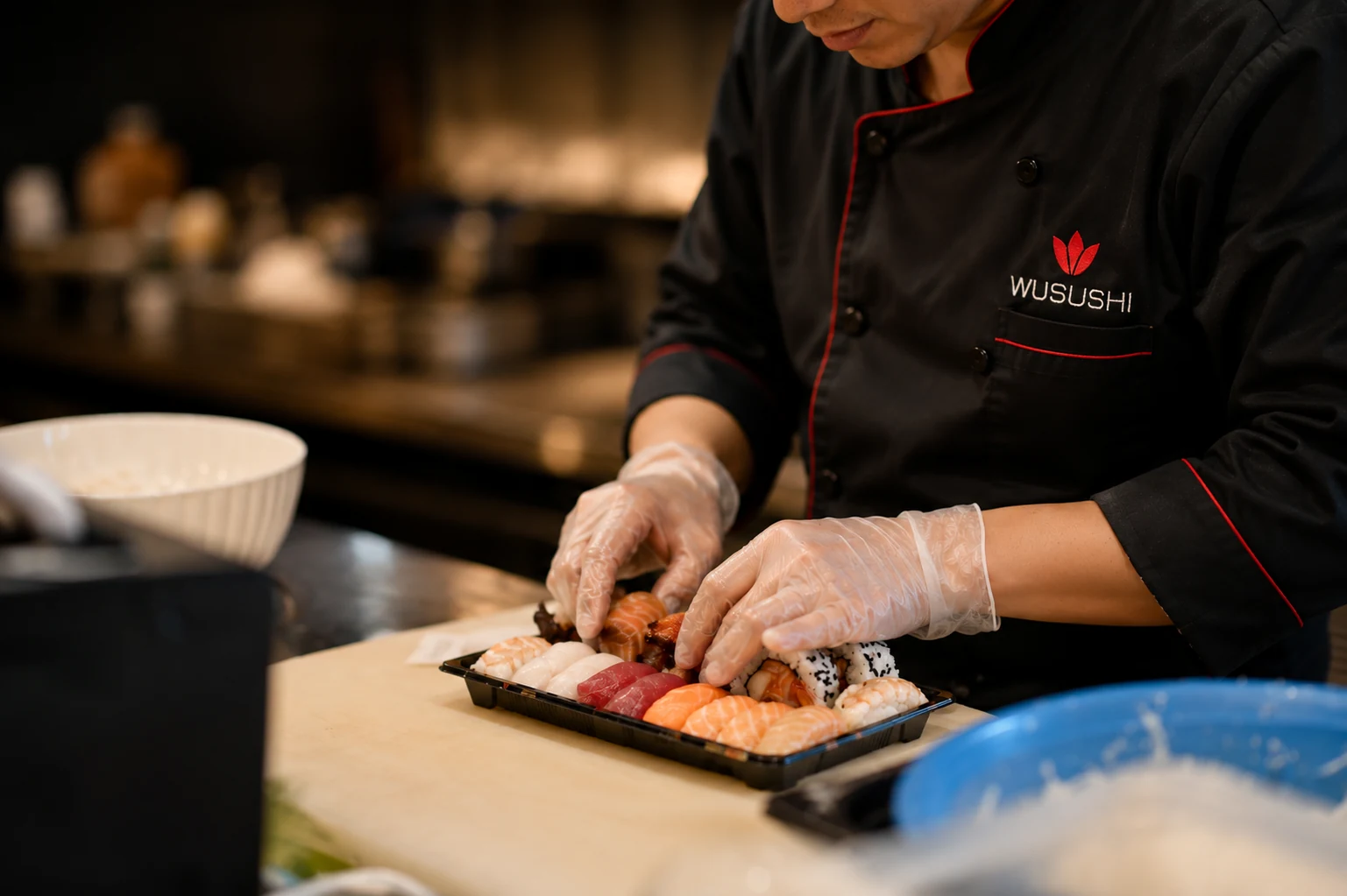 Chef WUSUSHI mentre completa un vassoio di sushi